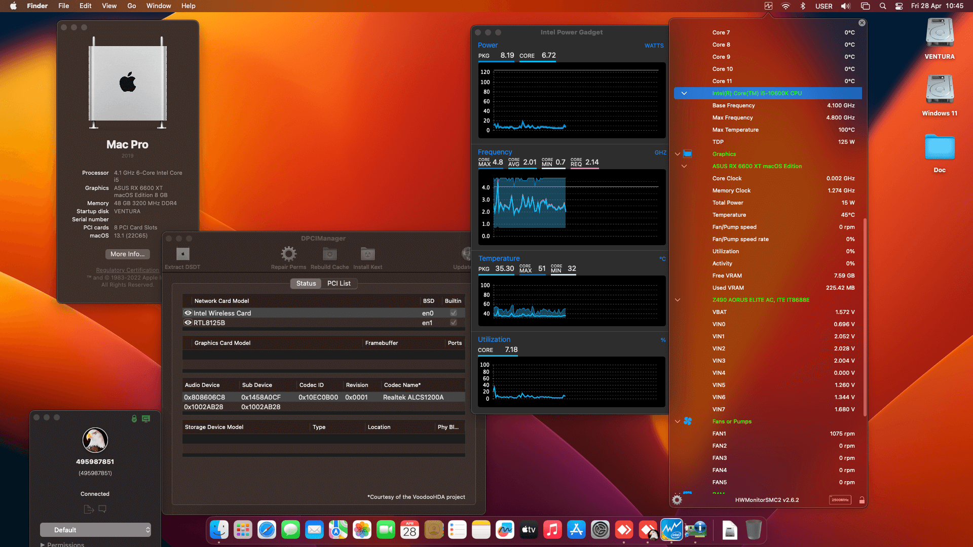 Success Hackintosh macOS Ventura 13.1 Build 22C65 in Gigabyte Z490 Aorus Elite AC + Intel Core i5 10600K + Asus RX 6600 XT
